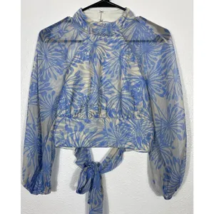 Amanda Uprichard Sheer Floral Cropped Tie Blouse Open Back Mock Neck Blue S thumbnail 5