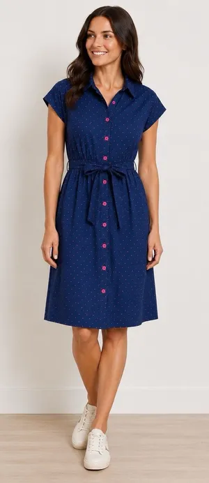 Vermont Country Store S Navy Pink Polka Dot Shirt Dress Cotton Tie Waist Cottage thumbnail 1
