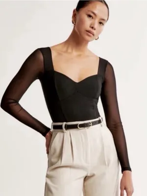 Abercrombie & Fitch Black Mesh Long Sleeve Sweetheart Neck Bodysuit Size S Going thumbnail 1