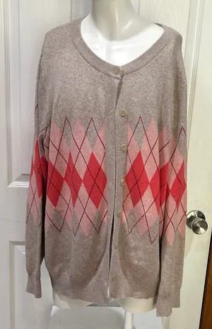 Woman Within Argyle Cardigan Sweater - Red and Tan thumbnail 1