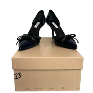 Prada Vintage 2000s Navy Patent Leather Bow D’Orsay Heels Italy 38 New with Box thumbnail 8