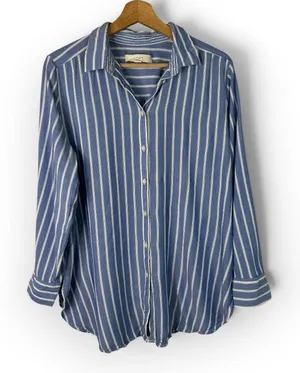 LOFT Striped Button Down Top Size L Blue White Long Sleeve Boho Coastal Nautical thumbnail 1
