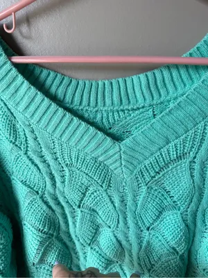 Mint Green Cable Knit V-Neck Sweater Coastal Cottagecore Soft Women’s thumbnail 5