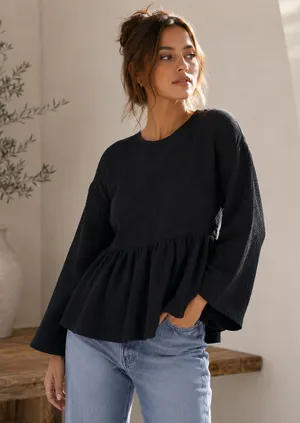 Madewell Black‎ Gauze Open Back Peplum Tie Long Sleeve Blouse thumbnail 1
