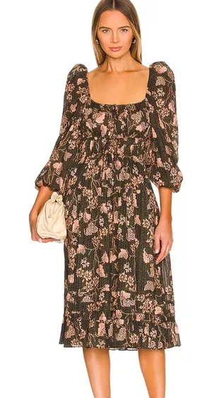 Ulla Johnson Isla Dress Womens 4 Green Floral Tiered Puff‎ Sleeve Boho Prairie thumbnail 1