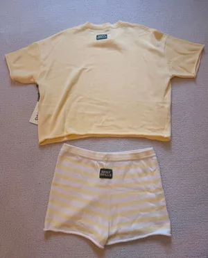 NWT Daily Drills Yellow Beach Knit Cropped Sleeve Top and Beach Knit Mini Shorts both XS/S thumbnail 1