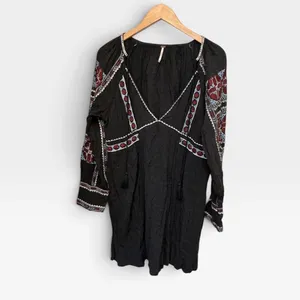 Free People Black Embroidered Mini Dress V-Neck Tassel Boho Gauze Womens Medium thumbnail 5