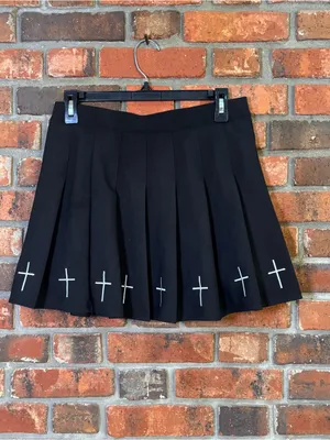 Womens pleated gothic white embroidered crosses mini skirt black XL thumbnail 2