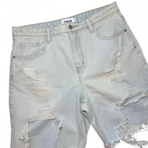 NEW TWIIN 90s Grunge Faded Blue Distressed Boyfriend Cut-Off Denim Shorts — L thumbnail 3