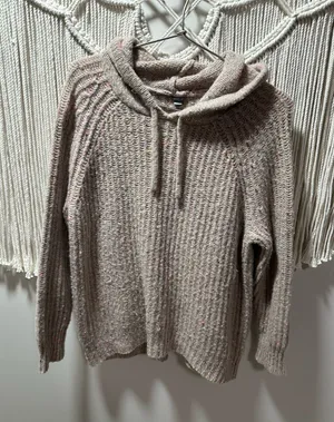 aerie Taupe Knit Hooded Crewneck Sweater with Pink Speckle thumbnail 1