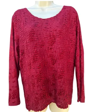 Rafael Textured Crinkle Velvet Floral Top XL Deep Red‎ Long Sleeve Blouse thumbnail 1