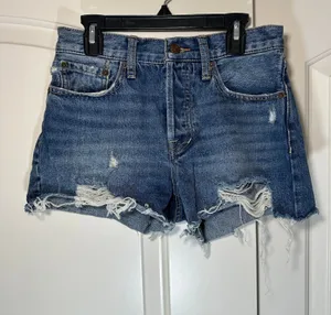 Free People Sofia Cutoff Denim Shorts 25 Blue Distressed Button Fly Raw Hem‎ thumbnail 1