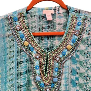 Chicos Beaded Kaftan Top Green Large‎ or XL thumbnail 4
