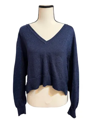 Sam Edelman | Navy Sparkle V-Neck Crop Sweater thumbnail 1