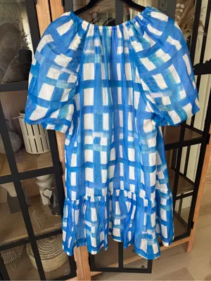 Marie Oliver greta mini dress gingham plaid amalfi silk linen raglan puff sleeve thumbnail 3