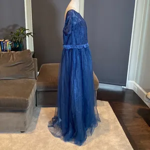 Women’s Blue Full Length Tulle & Lace Sort Sleeve Bridesmaid Dress Size XL NWT thumbnail 3