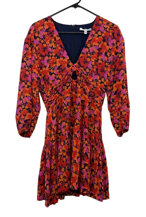 Derek Lam 10 Crosby Dress Womens 6 Orange Pink Floral Ruched Tiered Mini V-Neck thumbnail 1