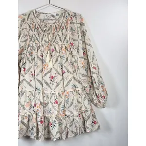 Talulah Mini Dress Beige Floral Smocked Tiered Flowy Peasant Boho Babydoll Small thumbnail 6
