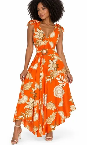 Chicme Belted Maxi Dress Womens XL Orange Floral Lightweight Resort Vacation thumbnail 1