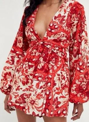 Free People Red Cream Floral V-Neck Long Balloon Sleeve Romper S Rayon thumbnail 1