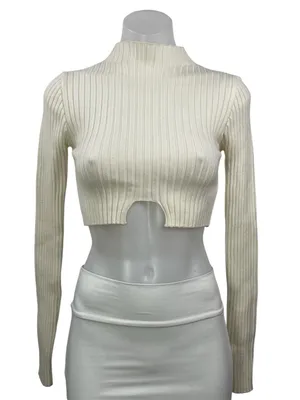 Edikted Women's Cream Mock Neck Ribbed Knit Long Sleeve Crop Top Size XS/S thumbnail 1