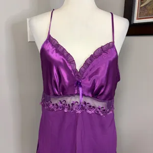 Purple Satin Mesh Lace Trim Chemise Nightgown Lingerie Slip Dress Purple thumbnail 2