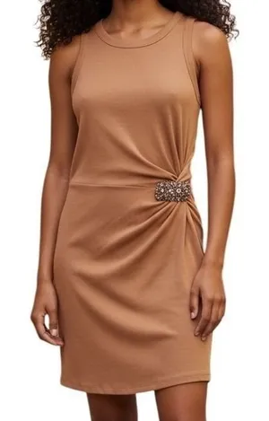 EXPRESS Peach Ribbed Sleeveless‎ Mini Dress Rhinestone Brooch NWT Size XS thumbnail 1