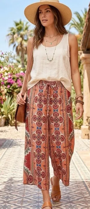Blue Rain Boho Medallion Wide Leg Cropped Pants Flowy Festival Vibe Size Medium thumbnail 1