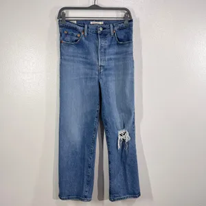 Levi's Premium Ribcage Straight Jeans‎ Size 29 High Rise Distressed Knee Denim thumbnail 2