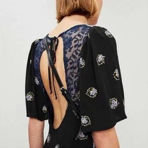 Free People Mockingbird Black Floral Deep V-Neck Open-Back Lace Mini Dress Sz 2 thumbnail 5