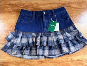 Halara Denim Plaid Ruffle Tiered Mini Skirt Size S NWT thumbnail 1