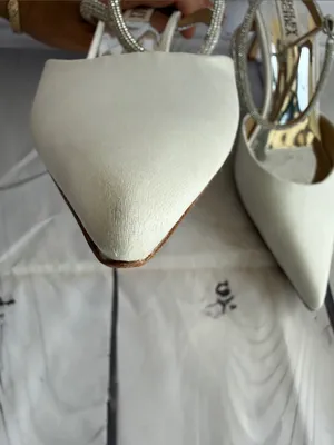 Badgley Mischka Ivory Pointed Toe Slingback Heels with Rhinestone Ankle Straps thumbnail 16