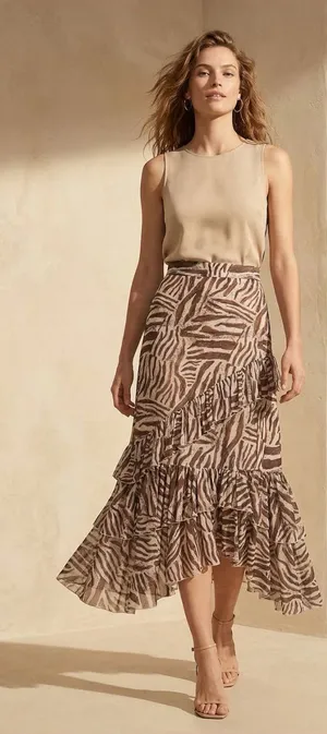 Sinsay Beige Zebra-Print Tiered Ruffle Asymmetrical Midi Lined Skirt Size XL thumbnail 1