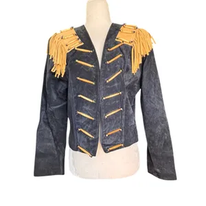 Vintage Black Suede Tan Fringe Military Jacket‎ Small Western Rocker Leather thumbnail 8
