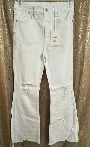 Risen White High Rise Wide Flare Leg Distressed Jeans 11/30 NWT thumbnail 1