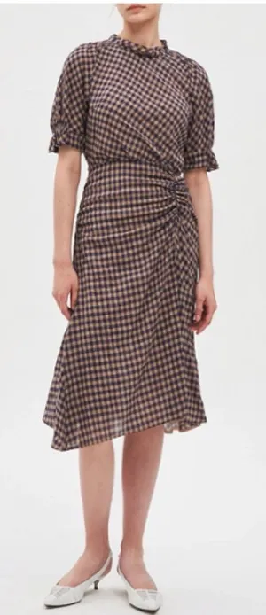 MINE Gingham Midi Dress Women Small Orange Blue Ruched Puff Sleeve Preppy Retro thumbnail 1