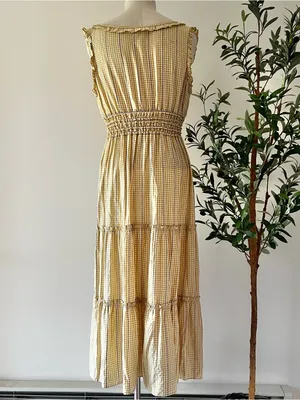 Max Studio Light Yellow tan Gingham Smocked Maxi Dress thumbnail 4