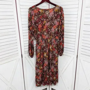 Cottagecore Floral‎ Smocked Waist Long Sleeve Boho Midi Dress Brown Multi Large thumbnail 7