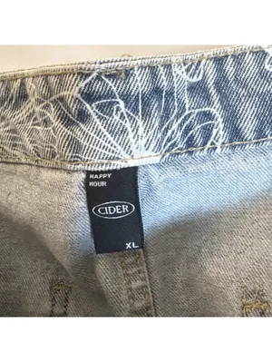 Cider Happy Hour Lotus Print Denim Mini Shorts High Rise Raw Hem Blue Size XL thumbnail 6