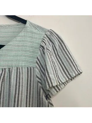 Ava James Mint and Grey Striped Cap Sleeve Babydoll Blouse Top Career Office thumbnail 3