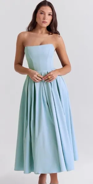 House of CB Audrey Tuscan Blue Midi Strapless Dress thumbnail 1