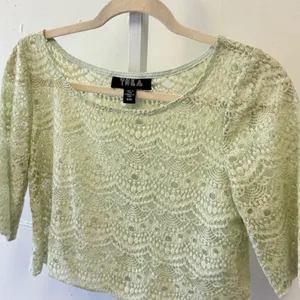 Tela Mint Green Floral Lace Crop Top 3/4 Sleeve Scoop Neck Size Medium thumbnail 3