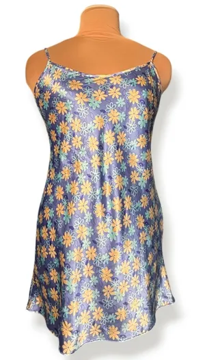 Floral Satin Mini Slip Dress Blue Yellow Daisy Print Y2K 90s Fairycore Cottage thumbnail 1