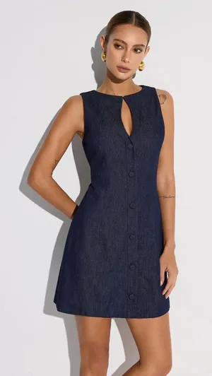 Dress S Commence NWT Keyhole Neckline Button Denim Mini Dark Wash Sleeveless thumbnail 1