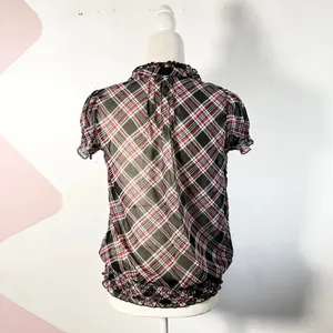Vtg Y2K 2000s Plaid Top Women's Small Red Sheer Smocked Grunge‎ Goth thumbnail 2