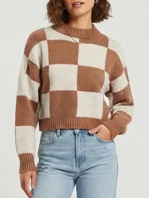 Blu Pepper Brown White Checkerboard Mock Neck Cropped Sweater Womens S thumbnail 1