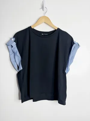 Zara Black Top Blue‎ Stripe Ruffle Sleeve Statement Minimal Chic Large Preppy thumbnail 2