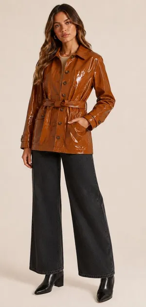 Topshop Brown Faux Patent Leather Trench Coat Jacket Womens 8 Preppy Fall Classy thumbnail 1
