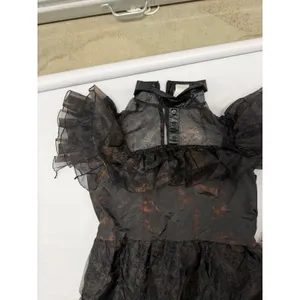 Wednesday Addams Gothic Tiered Maxi Dress Black Sheer Organza Ruffle Gown broken thumbnail 7