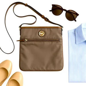 Michael Kors Jet Set Brown Nylon Leather Trim Crossbody Travel Bag 8.5x8 in GUC thumbnail 3